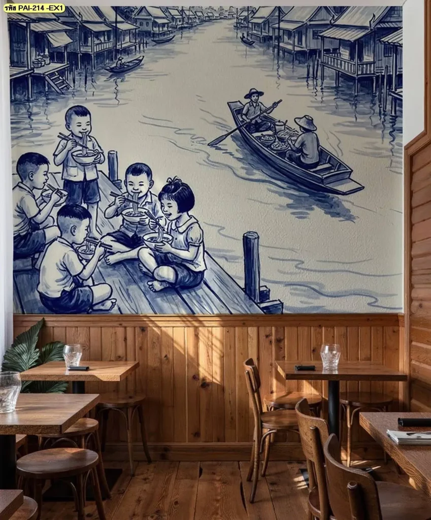 วอลเปเปอร์ศิลปะไทยร่วมสมัยโทนคราม เหมาะกับผนังร้านกาแฟไทยโบราณและร้านอาหารไทยที่ต้องการภาพไทยแบบเรียบ โดยร้านผลิตวอลเปเปอร์สามารถปรับขนาดตามผนังจริง