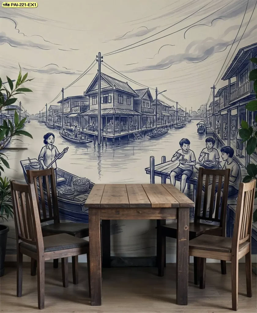 ภาพแต่งร้านอาหารไทยวิถีชุมชน แสดงชีวิตผู้คนและบรรยากาศริมน้ำ เหมาะสำหรับรับผลิตวอลเปเปอร์ตามขนาดจริงและจัดตำแหน่งภาพให้เหมาะกับผนังร้าน
