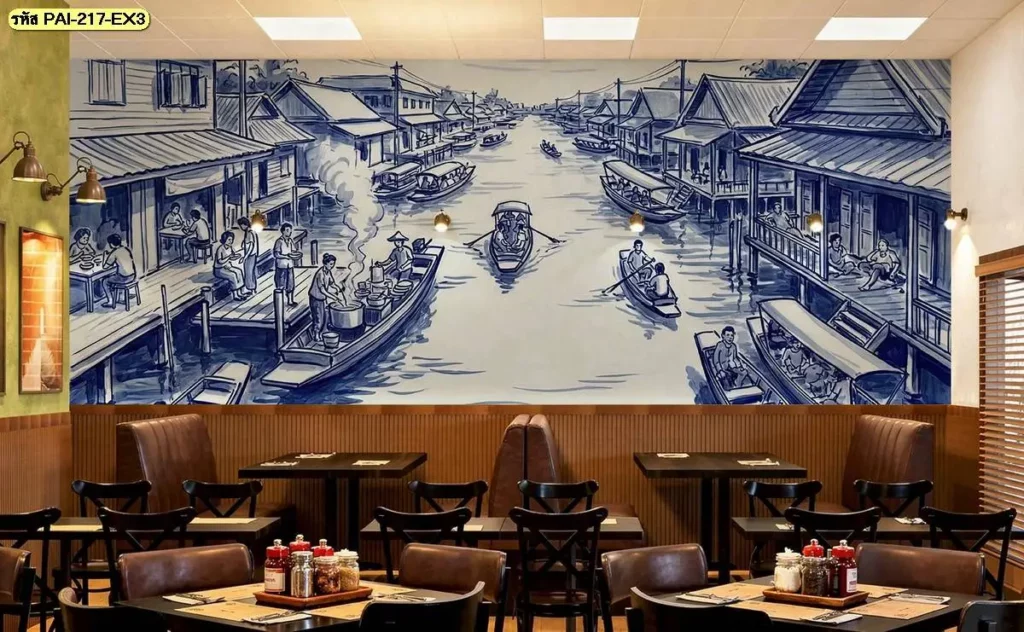 ภาพติดผนังบรรยากาศชุมชนเก่า แสดงวิถีชีวิต บ้านไม้ และร้านค้าแบบดั้งเดิม เหมาะสำหรับร้านผลิตวอลเปเปอร์ที่ต้องการตกแต่งร้านกาแฟไทยโบราณด้วยภาพชุมชน