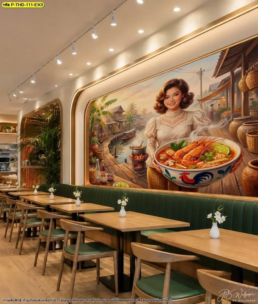 Tom Yum Goong Wall Decor สำหรับร้านอาหารไทย ใช้ภาพต้มยำกุ้งเป็นจุดนำสายตาบริเวณผนังด้านยาว พร้อมรับผลิตตามขนาดพื้นที่จริงโดย DDS Decor