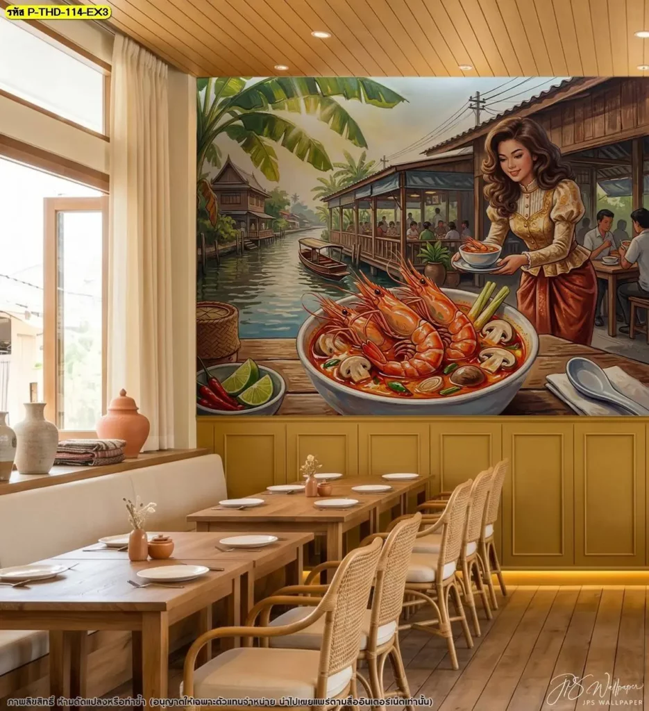 Thai Restaurant Wall Decor ลายต้มยำกุ้งแม่น้ำสำหรับฟู้ดคอร์ทและร้านอาหารไทย จัดภาพอาหารให้เหมาะกับผนังแนวยาวและระยะมองเห็นโดย DDS Decor