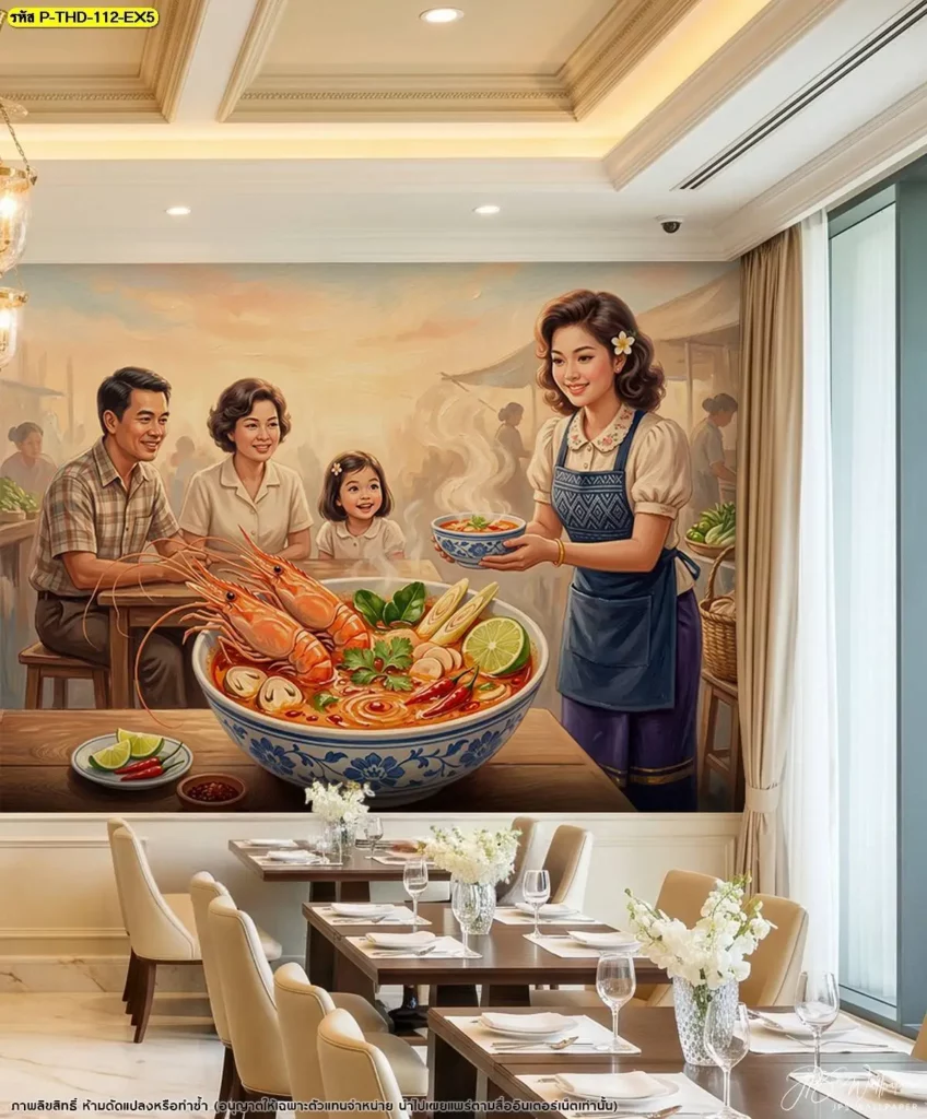 DDS Decor รับผลิตวอลเปเปอร์ร้านอาหารไทยสำหรับงานรีโนเวท สามารถเตรียมขนาดภาพและวางตำแหน่งรอยต่อให้เหมาะกับผนังแต่ละด้าน