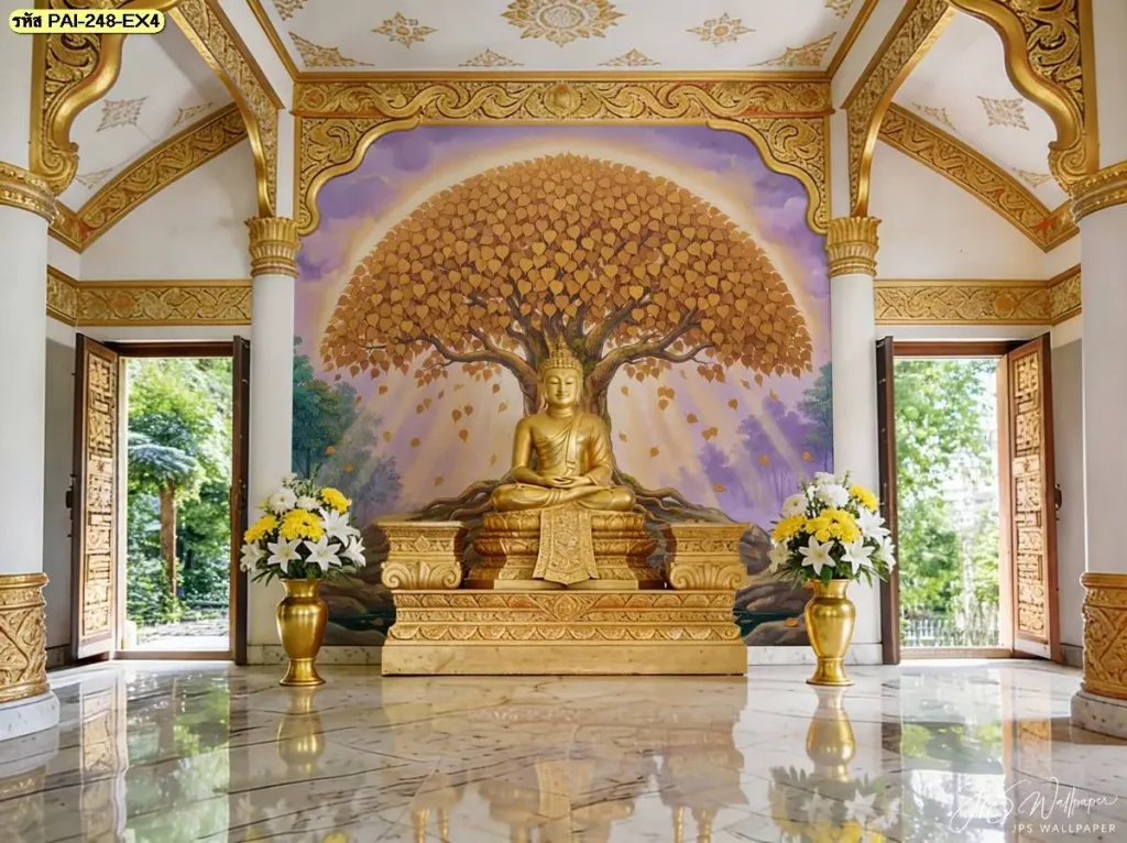 วอลเปเปอร์พุทธศิลป์ต้นโพธิ์ โทนสีทองบนพื้นหลังเข้ม ให้ภาพมีมิติและความโดดเด่น เหมาะสำหรับงานตกแต่งผนังสไตล์ไทย