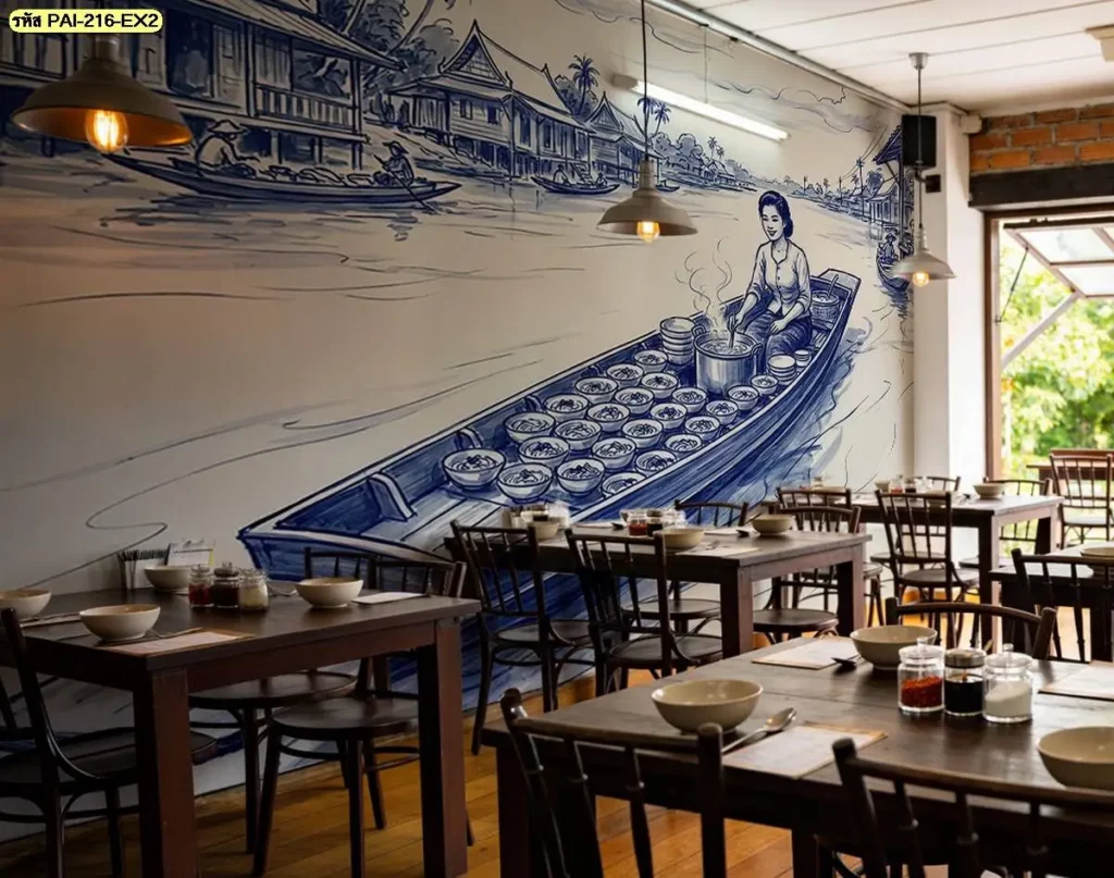 ภาพแต่งร้านอาหารไทยวิถีชุมชน ถ่ายทอดตลาดน้ำและบ้านเรือนแบบไทย เหมาะสำหรับรับผลิตวอลเปเปอร์ที่ต้องการใช้เป็นภาพหลักบริเวณโต๊ะอาหารหรือผนังด้านข้าง