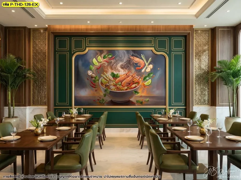 Tom Yum Goong Wall Decor สำหรับผนังร้านอาหารไทยดั้งเดิม แสดงรายละเอียดกุ้ง สมุนไพร และน้ำต้มยำ เหมาะกับการตกแต่งร้านโดย DDS Decor