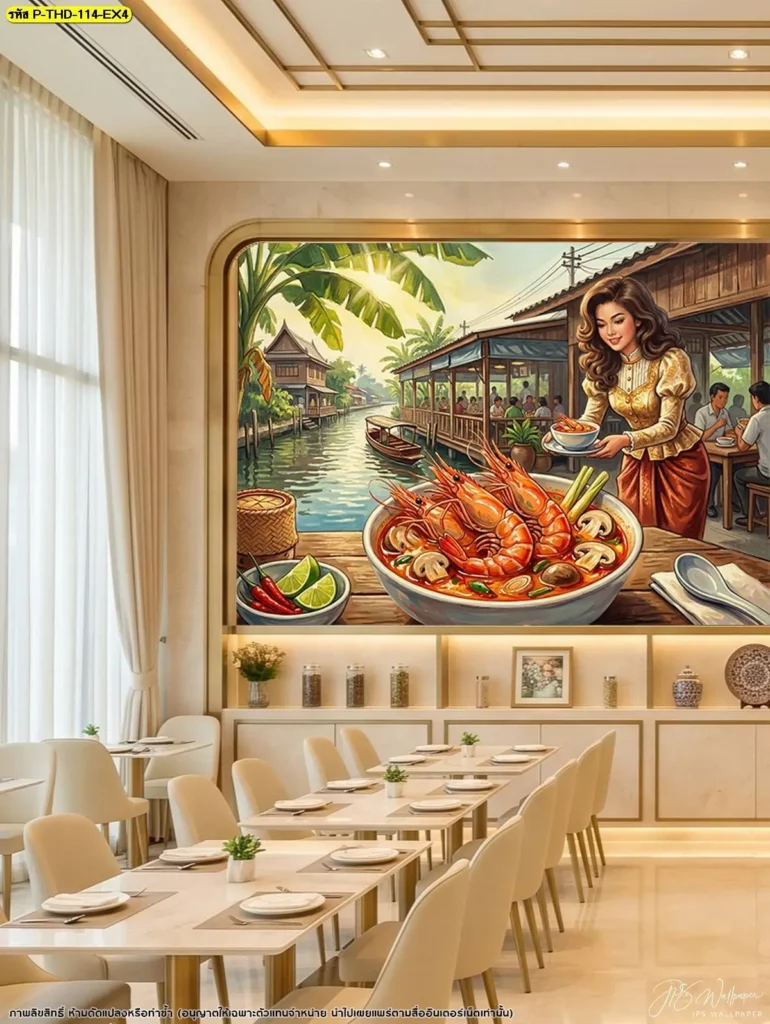 วอลเปเปอร์ลายต้มยำกุ้งแม่น้ำสำหรับฟู้ดคอร์ทและร้านอาหาร เน้นรายละเอียดมันกุ้ง น้ำต้มยำ และสมุนไพรเพื่อสื่อเอกลักษณ์ของเมนูโดย DDS Decor