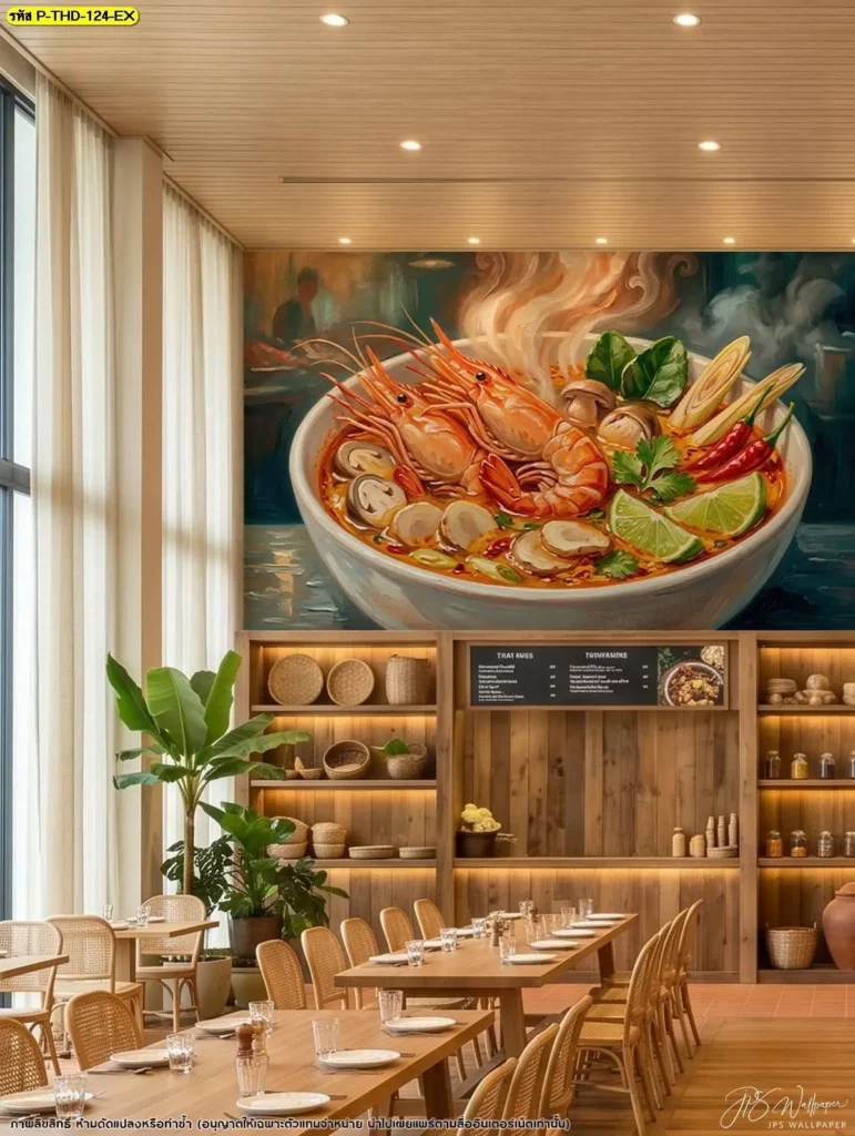 DDS Decor รับผลิตวอลเปเปอร์สำหรับร้านอาหารไทยและร้านต้มยำกุ้ง สามารถปรับขนาดภาพให้เหมาะกับผนังขนาดเล็กหรือผนังแนวยาว