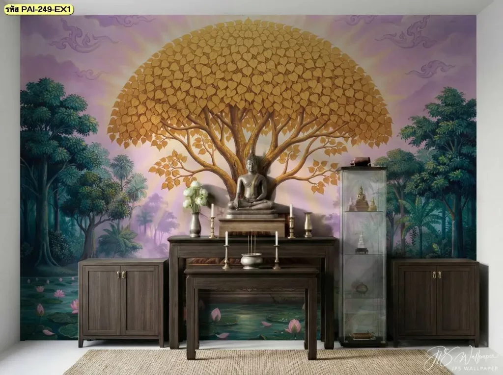 Golden Bodhi Tree Wallpaper ภาพต้นโพธิ์สีทองสำหรับตกแต่งผนัง ถ่ายทอดรายละเอียดของกิ่งและใบในรูปแบบศิลปะที่เหมาะกับพื้นที่สงบ