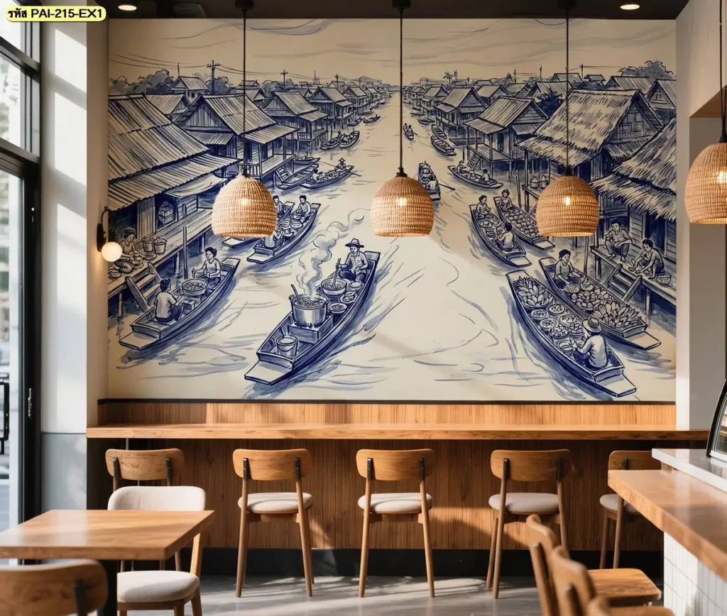 Traditional Thai Lifestyle Wall Mural ใช้ภาพตลาดริมน้ำและบ้านไม้เป็นองค์ประกอบ เหมาะสำหรับรับผลิตวอลเปเปอร์ตามขนาดจริงสำหรับร้านอาหารไทยและร้านกาแฟ