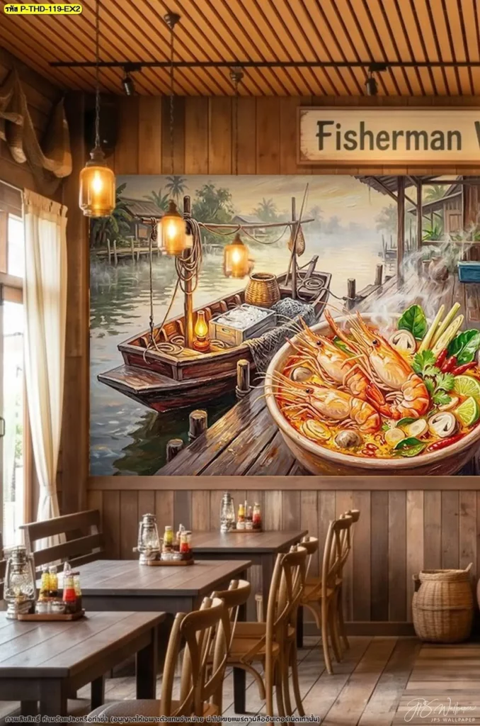 วอลเปเปอร์ร้านต้มยำกุ้งลายกุ้งแม่น้ำและเครื่องต้มยำ เหมาะสำหรับสร้างจุดเด่นบริเวณผนังทางเข้าหรือแนวที่นั่งภายในร้านอาหารโดย DDS Decor