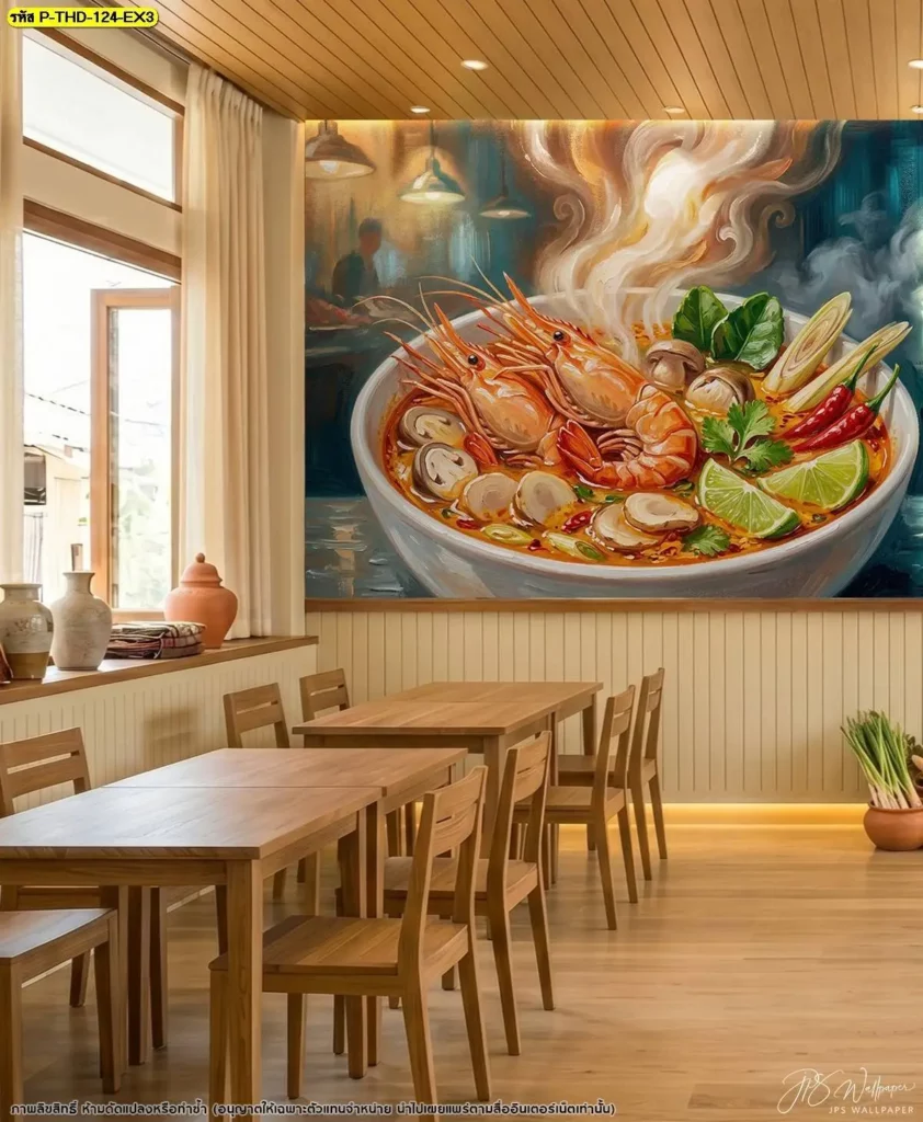 DDS Decor รับผลิตภาพตกแต่งร้านอาหารไทยโบราณ สามารถปรับขนาดภาพและวางตำแหน่งองค์ประกอบให้เหมาะกับผนังและระแนงไม้