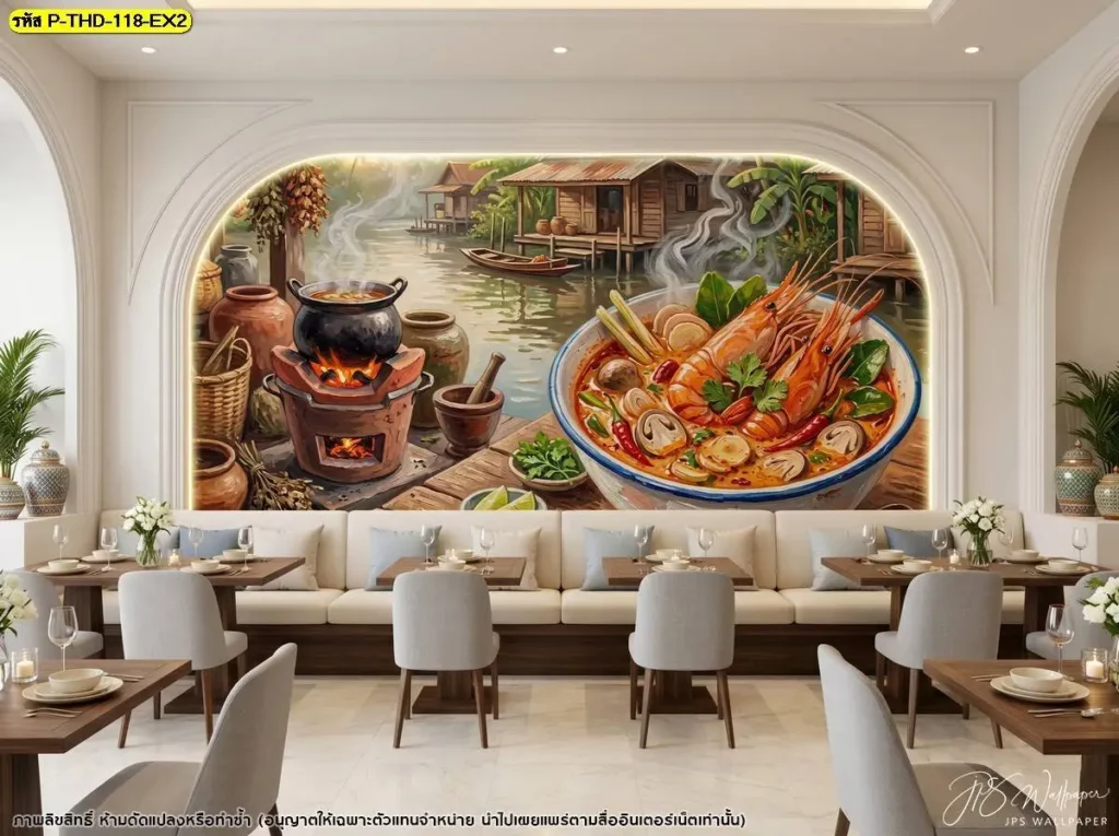 DDS Decor ผลิตภาพติดผนังร้านอาหารไทยแบบสั่งทำ สามารถปรับสัดส่วนภาพต้มยำกุ้งให้เหมาะกับผนังหลังเคาน์เตอร์หรือแนวที่นั่ง