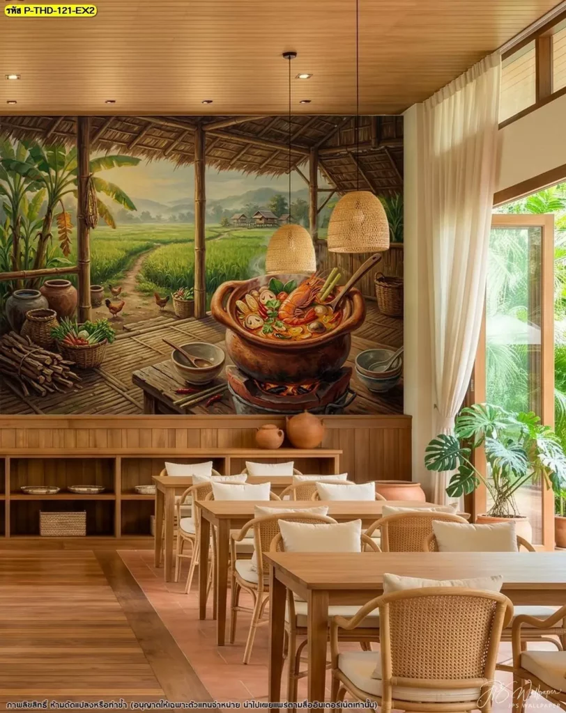 DDS Decor ให้บริการผลิตรูปภาพติดผนังต้มยำกุ้งสำหรับร้านอาหารไทย พร้อมวางสัดส่วนตามพื้นที่จริง เหมาะสำหรับผนังไฮไลต์บริเวณโต๊ะอาหารหรือทางเข้าร้าน