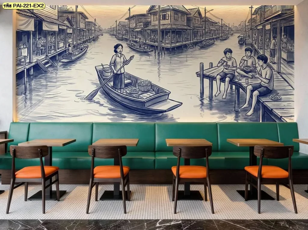 วอลเปเปอร์บรรยากาศตลาดริมน้ำไทย ใช้เรือ ร้านค้า และบ้านไม้เป็นองค์ประกอบ เหมาะกับร้านผลิตวอลเปเปอร์สำหรับตกแต่งร้านกาแฟไทยโบราณให้มีรายละเอียดแบบไทย
