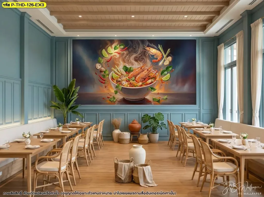 วอลเปเปอร์ลายต้มยำกุ้งเต็มผนังสำหรับร้านอาหารไทย เน้นสัดส่วนภาพให้สัมพันธ์กับผนังด้านยาวและระยะมองเห็นของลูกค้าโดย DDS Decor