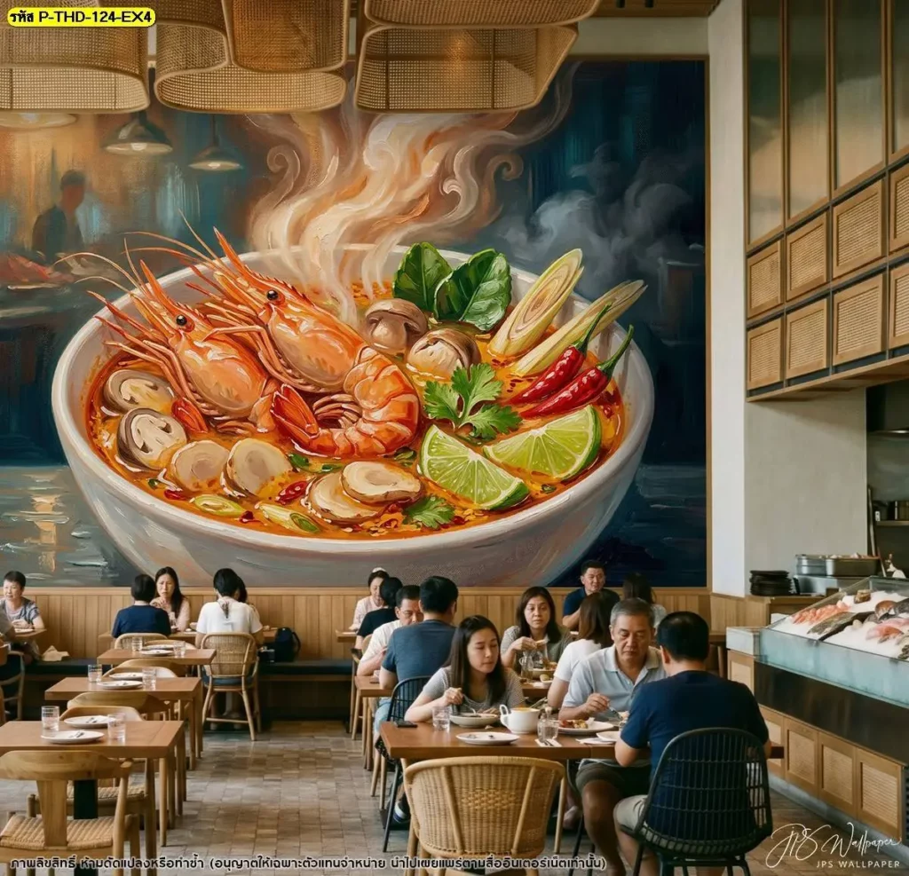 วอลเปเปอร์ร้านอาหารไทยโบราณ ลายต้มยำกุ้งแม่น้ำพร้อมวัตถุดิบไทย จัดภาพแบบเรียบง่ายเพื่อให้เข้ากับโต๊ะไม้และบรรยากาศร้านแบบครอบครัว