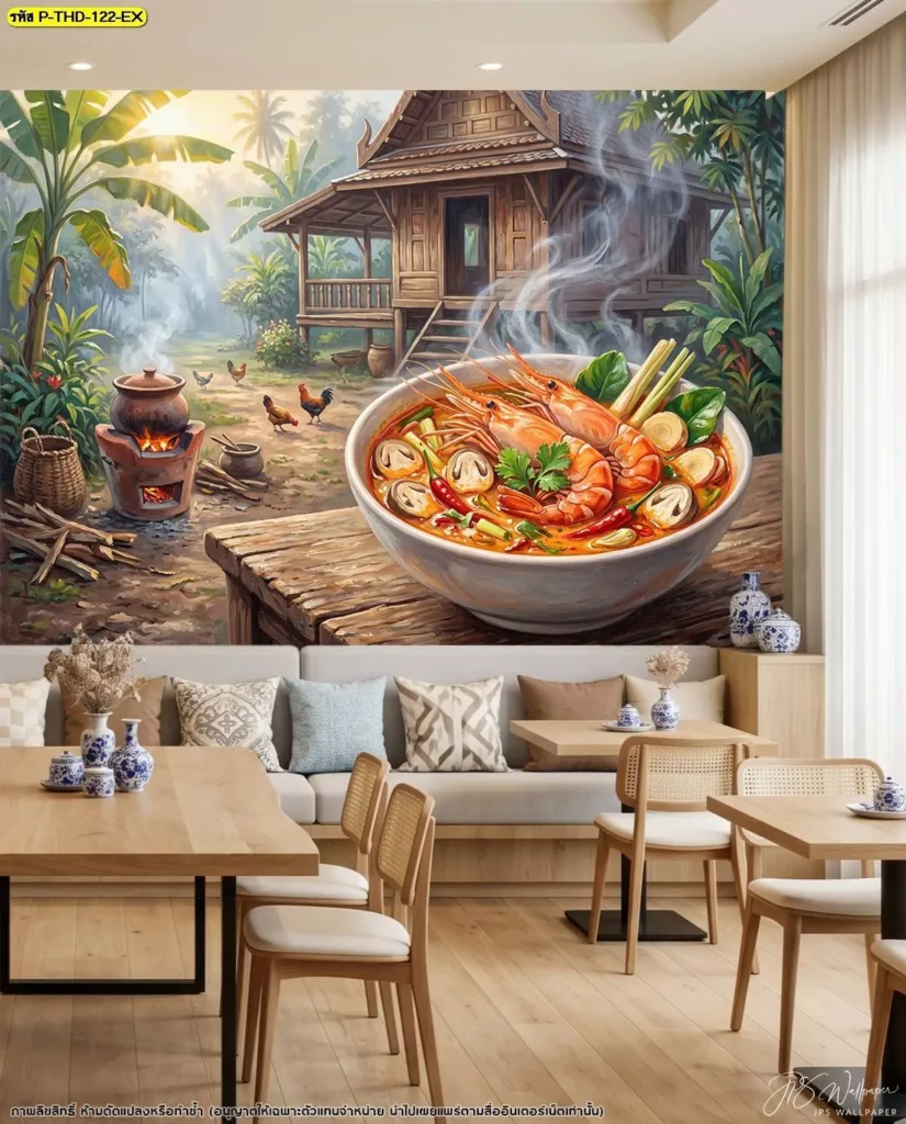 DDS Decor ผลิตวอลเปเปอร์ตกแต่งร้านอาหารไทยสำหรับงานรีโนเวท พร้อมปรับขนาดภาพให้เข้ากับผนังและองค์ประกอบเดิมของพื้นที่