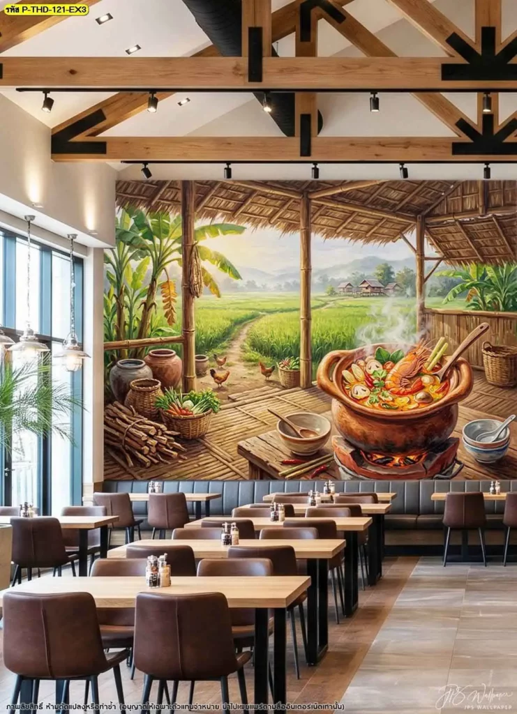 DDS Decor รับผลิตภาพตกแต่งร้านอาหารไทยต้มยำกุ้งตามแบบที่ต้องการ สามารถเลือกขนาดและจัดองค์ประกอบภาพให้เหมาะกับผนังและสไตล์การตกแต่งของร้าน