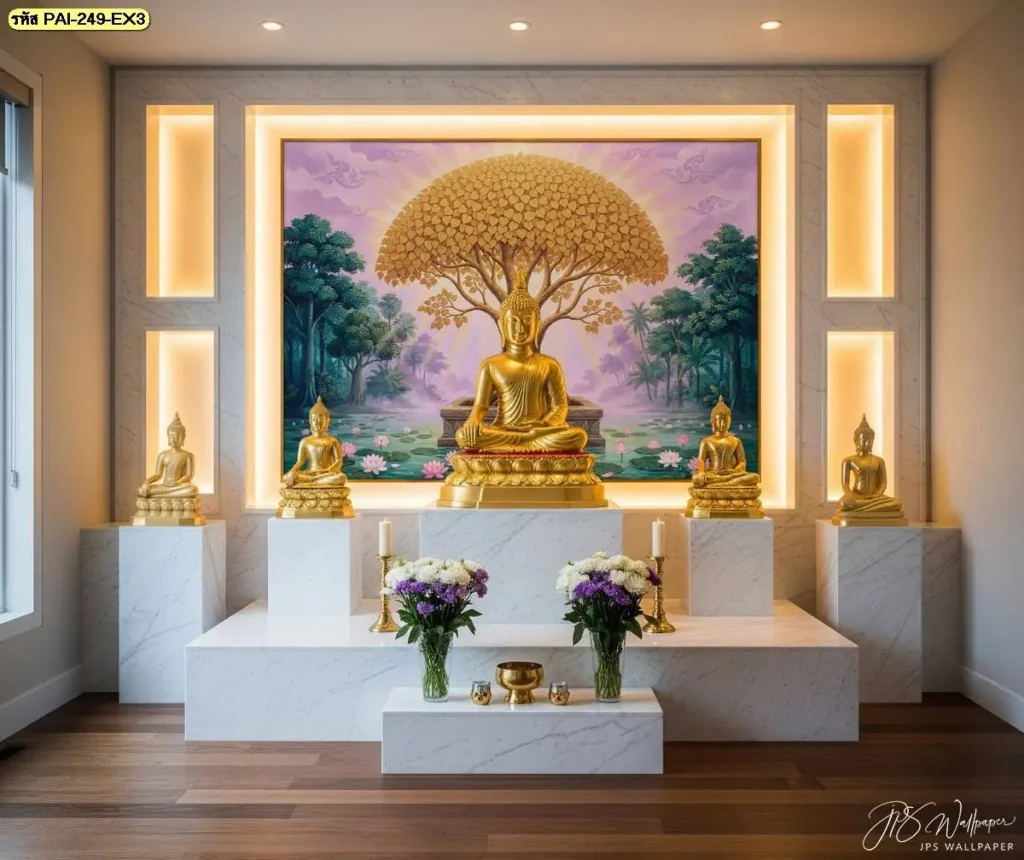 วอลเปเปอร์ต้นโพธิ์สีทอง ลวดลายต้นโพธิ์พุทธศิลป์สำหรับตกแต่งผนัง เพิ่มรายละเอียดให้พื้นที่ที่ต้องการบรรยากาศสงบและเรียบง่าย