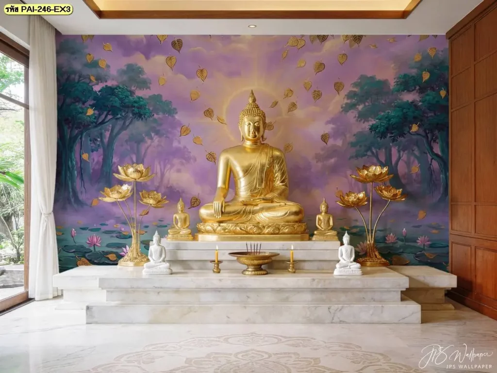 ลายใบโพธิ์ติดหลังหิ้งพระสำหรับบ้านสมัยใหม่ สามารถปรับขนาดภาพตามพื้นที่จริงและจัดแนวรอยต่อก่อนผลิต พร้อมบริการจาก DDS Decor