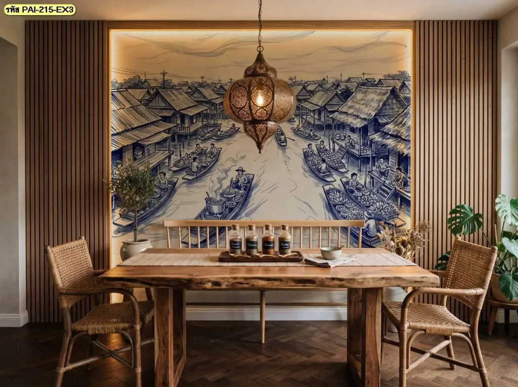 Traditional Thai Lifestyle Wall Mural แสดงตลาด บ้านเรือน และเรือในชุมชนริมน้ำ เหมาะสำหรับร้านขายวอลเปเปอร์ที่ต้องการนำภาพวิถีไทยมาตกแต่งผนังร้านอาหาร