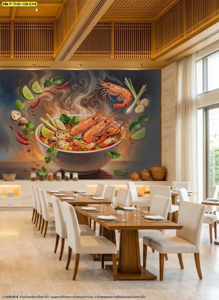 วอลเปเปอร์ร้านอาหารไทยโบราณลายต้มยำกุ้งสำหรับผนังจุดเด่น เลือกองค์ประกอบภาพให้สัมพันธ์กับโต๊ะอาหารและเฟอร์นิเจอร์ ผลิตตามขนาดจริงโดย DDS Decor
