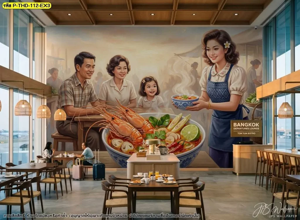 DDS Decor ผลิตภาพตกแต่งร้านอาหารไทยแบบสั่งทำ สามารถปรับขนาดและสัดส่วนภาพต้มยำกุ้งให้เหมาะกับผนังหลักของร้าน