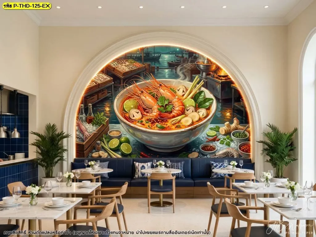DDS Decor ผลิตวอลเปเปอร์ตกแต่งร้านอาหารไทยตามพื้นที่จริง เหมาะกับร้านที่ต้องการรักษางานไม้เดิมและเพิ่มภาพอาหารเป็นจุดเด่นบนผนัง