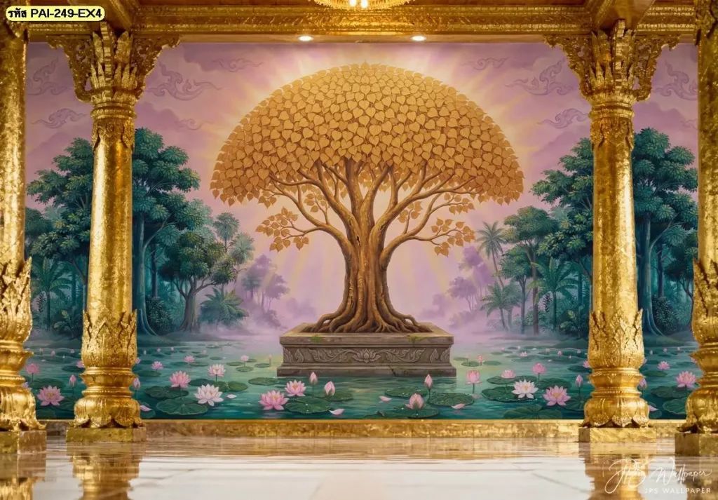 ภาพติดผนังต้นโพธิ์สีทองสำหรับพื้นที่พุทธศิลป์ เลือกใช้โทนทองและสีเข้มเพื่อสร้างความแตกต่างจากผนังโดยรอบอย่างเหมาะสม