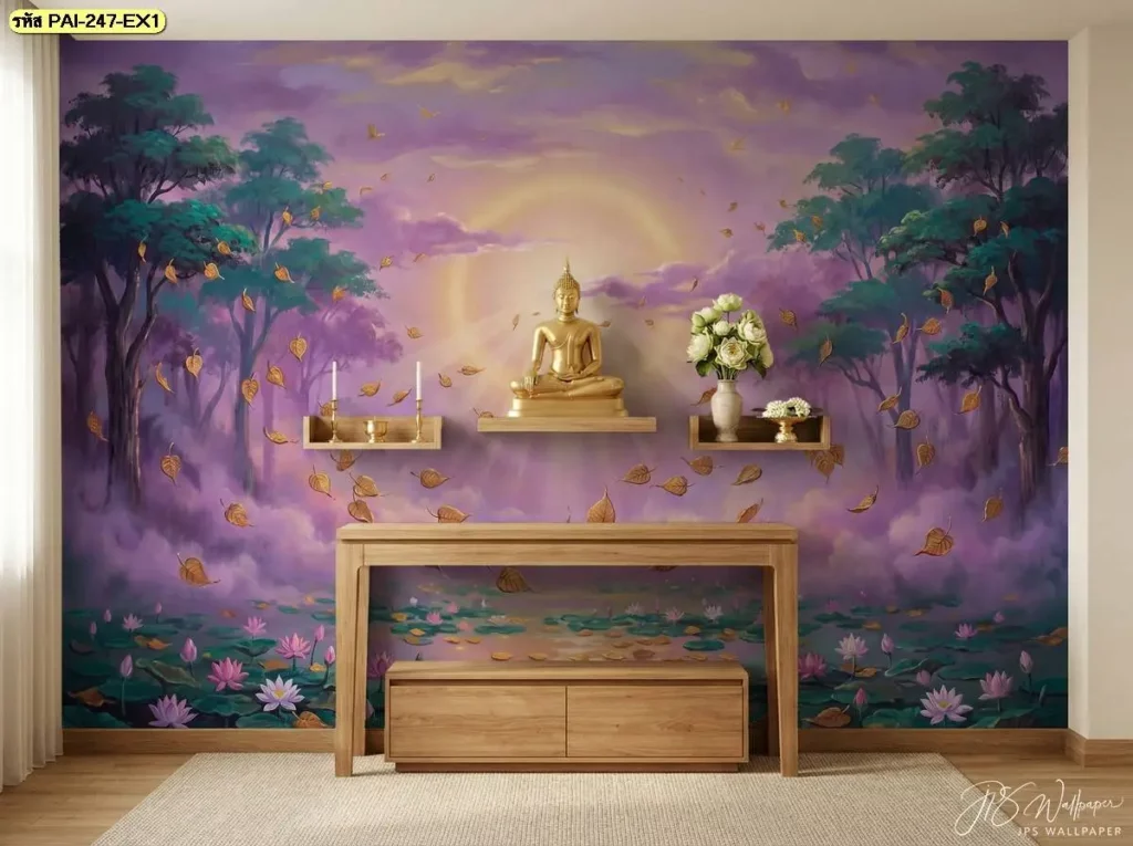 ลายใบโพธิ์ติดหลังหิ้งพระสำหรับมุมพระขนาดกะทัดรัด จัดวางองค์ประกอบให้เหมาะกับพื้นที่และมุมมองโดยรวม รับผลิตตามแบบโดย DDS Decor