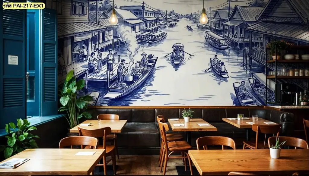 รูปภาพวิถีไทยริมน้ำสำหรับร้านอาหาร ถ่ายทอดชีวิตผู้คนและการเดินทางทางน้ำ เหมาะสำหรับรับผลิตวอลเปเปอร์ที่ต้องการใช้ภาพไทยเป็นผนังหลักของร้านอาหาร