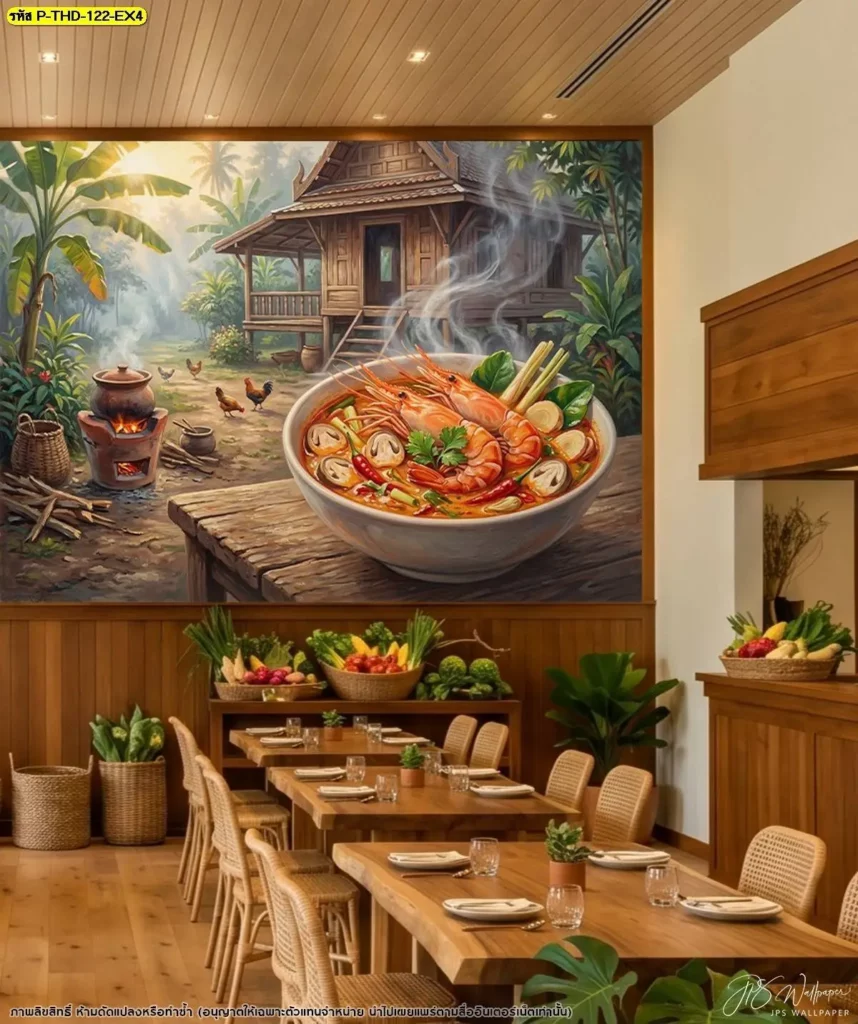 DDS Decor รับผลิตรูปภาพติดผนังร้านอาหารไทยลายต้มยำกุ้งแม่น้ำตามขนาดจริง พร้อมวางตำแหน่งภาพให้เหมาะกับพื้นที่และการใช้งานของร้าน