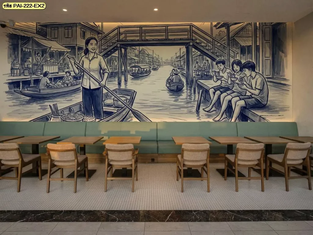 วอลเปเปอร์วิถีชีวิตริมน้ำแบบไทย เหมาะสำหรับผนังหลักของร้านอาหารไทย โดยร้านขายวอลเปเปอร์สามารถเลือกภาพให้เข้ากับเฟอร์นิเจอร์ไม้และการตกแต่งเดิม
