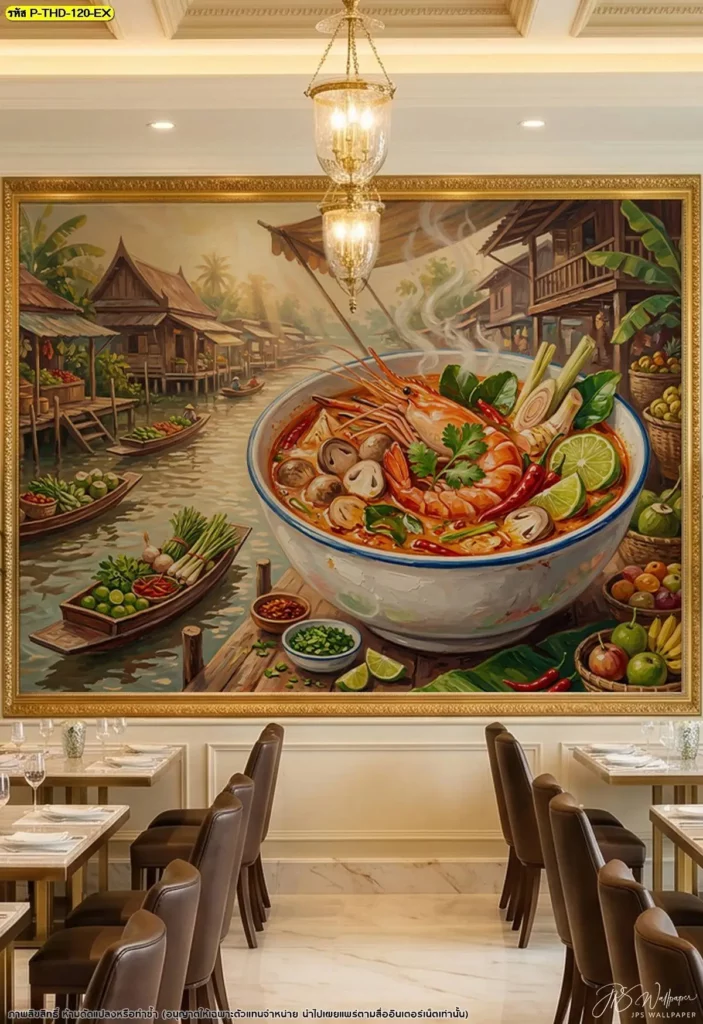 รูปภาพติดผนังอาหารไทยต้มยำกุ้งแม่น้ำสำหรับฟู้ดคอร์ทและร้านอาหารไทย เน้นภาพอาหารที่เห็นรายละเอียดชัดเจนจากระยะไกล พร้อมบริการผลิตจาก DDS Decor