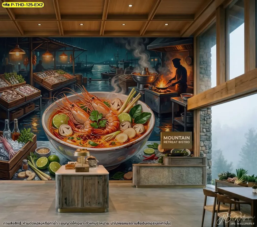 Tom Yum Goong Wallpaper ภาพกุ้งแม่น้ำและต้มยำสีสด เน้นรายละเอียดอาหารอย่างเป็นธรรมชาติ เหมาะสำหรับใช้เป็นผนังหลักของร้านอาหารไทย