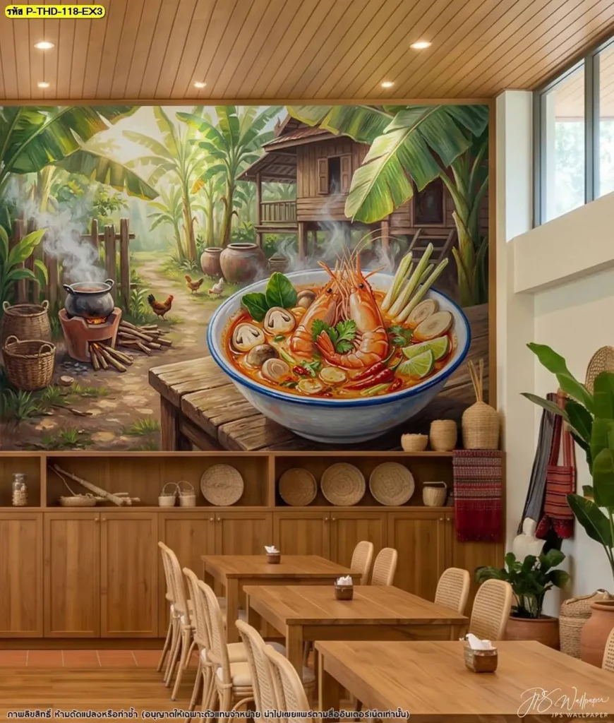 DDS Decor รับผลิตวอลเปเปอร์ร้านอาหารไทยต้นตำรับตามขนาดผนังจริง สามารถวางองค์ประกอบภาพให้เหมาะกับโต๊ะ เคาน์เตอร์ และระยะมองเห็น