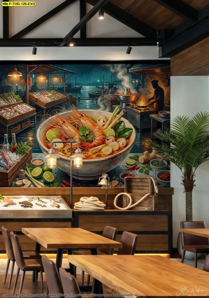 DDS Decor รับผลิตวอลเปเปอร์ภาพอาหารขนาดใหญ่สำหรับร้านไทย วางแผนตำแหน่งภาพและรอยต่อก่อนผลิตเพื่อให้เหมาะกับสภาพผนังจริง
