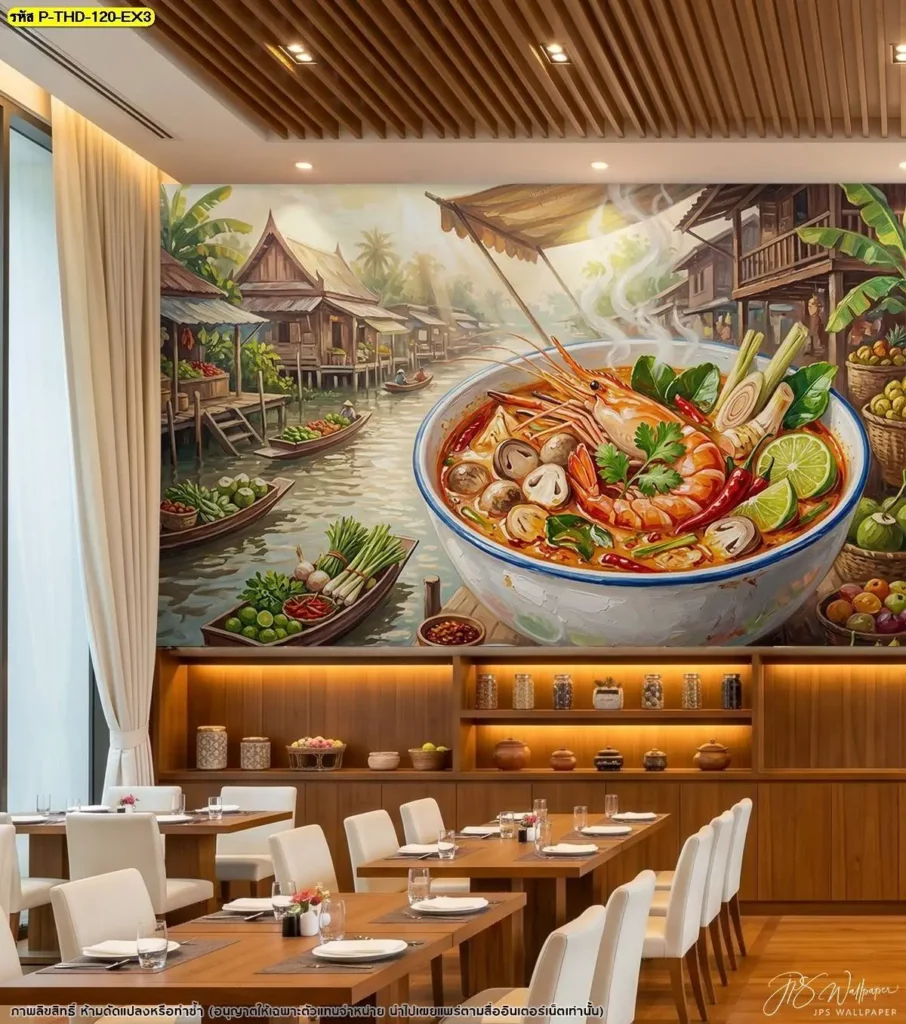 Thai Restaurant Wall Decor สำหรับฟู้ดคอร์ทและร้านอาหารไทย ใช้ภาพต้มยำกุ้งแม่น้ำเป็นจุดเด่นของผนัง พร้อมจัดองค์ประกอบและผลิตตามขนาดพื้นที่จริงโดย DDS Decor