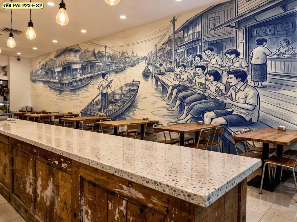 ภาพแต่งร้านอาหารไทยวิถีชุมชน ใช้บรรยากาศตลาดและบ้านริมคลองเป็นฉากหลัก เหมาะสำหรับรับผลิตวอลเปเปอร์ให้เข้ากับขนาดและรูปแบบของร้าน