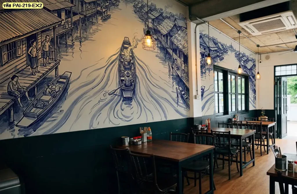 Traditional Thai Lifestyle Wall Mural ถ่ายทอดวิถีชีวิตริมคลองด้วยบ้านไม้และเรือ เหมาะสำหรับรับผลิตวอลเปเปอร์เพื่อใช้ตกแต่งร้านอาหารไทยและร้านกาแฟไทยโบราณ
