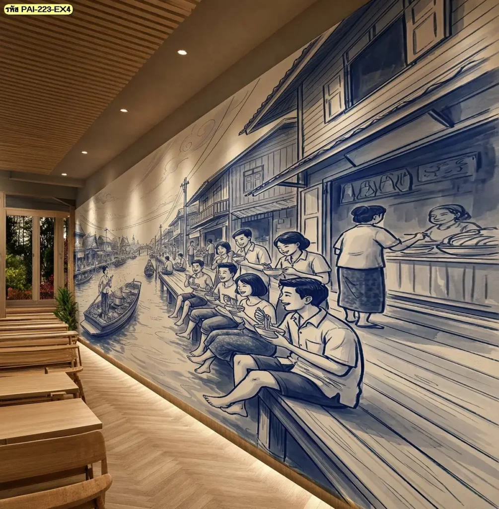 วอลเปเปอร์บรรยากาศตลาดริมน้ำไทย เหมาะกับร้านอาหารไทยที่ต้องการภาพตลาดและชุมชนเป็นจุดเด่น โดยร้านผลิตวอลเปเปอร์สามารถเตรียมสัดส่วนภาพตามผนังจริง