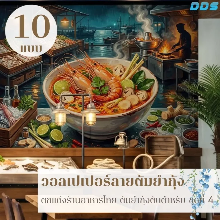 DDS Decor รับผลิตวอลเปเปอร์ร้านอาหารไทยตามขนาดผนังจริง ภาพต้มยำกุ้งแม่น้ำเน้นรายละเอียดอาหารและโทนสีที่เข้ากับบรรยากาศร้าน