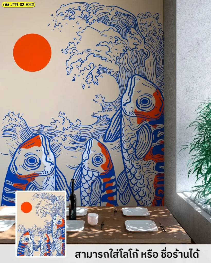ภาพวาดติดผนังลายปลาคราฟแบบดั้งเดิม ตกแต่งผนังร้านอาหารญี่ปุ่น