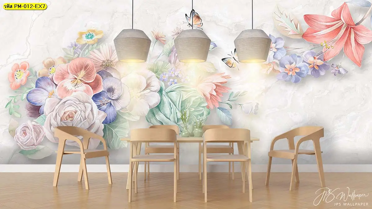 วอลเปเปอร์ลายดอกไม้สีพาสเทลช่วยสร้างความโดดเด่นให้กับร้านอาหาร