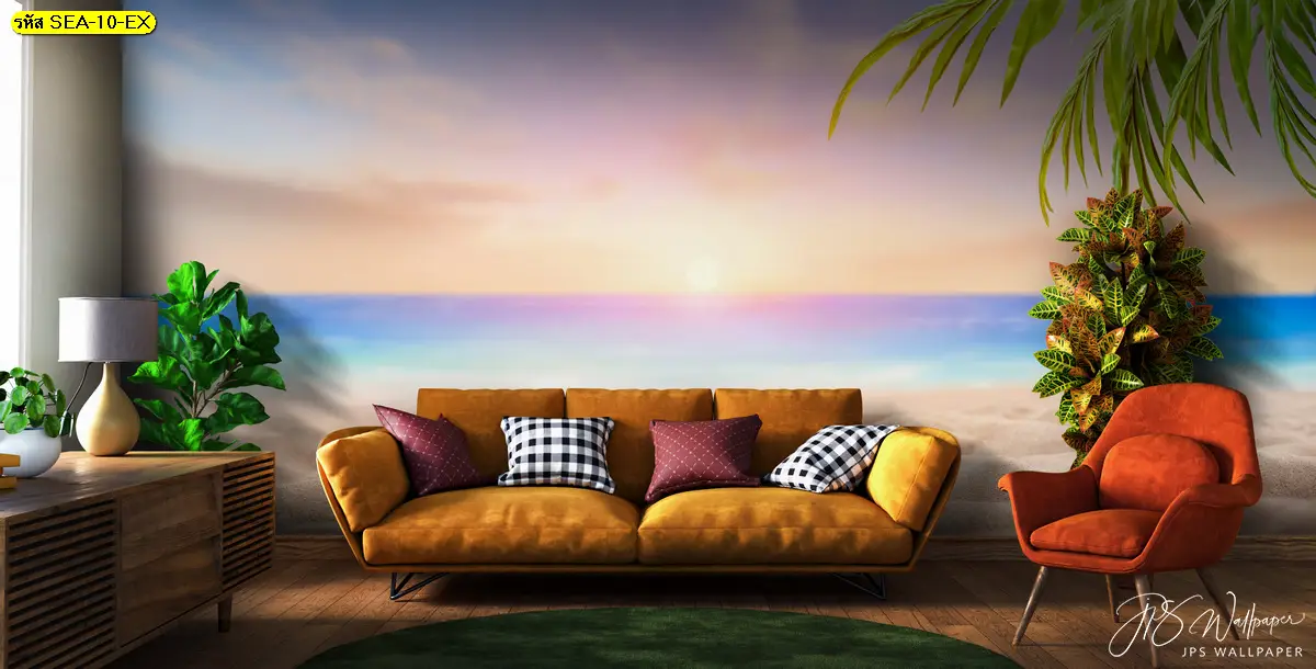 วอลเปเปอร์ลายทะเล Summer Vibes สั่งผลิตตกแต่งล็อบบี้โรงแรมริมทะเล