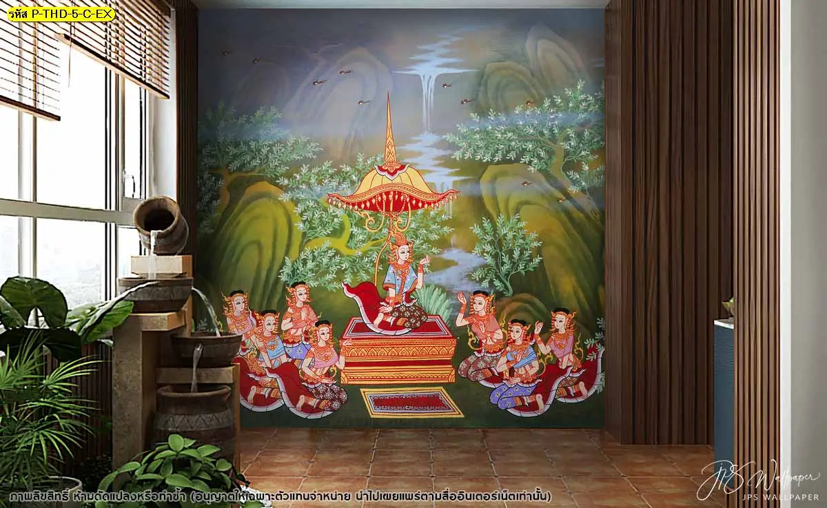ภาพวาดไทยลายรจนาชมสวน เหมาะสำหรับห้องพระและสถานธรรม