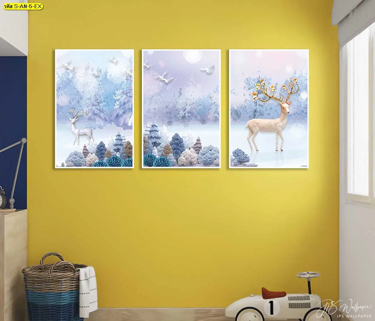 ภาพวาดแต่งผนังห้องลายกวางโทนสีสว่างเสริมความหรูหราให้ผนังห้อง
