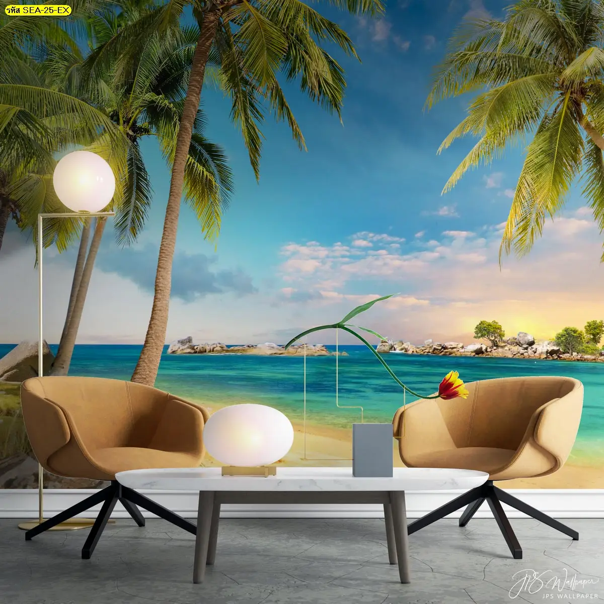 วอลเปเปอร์ลายทะเล Summer Vibes สั่งทำออกแบบ ตกแต่งผนังโรงแรม