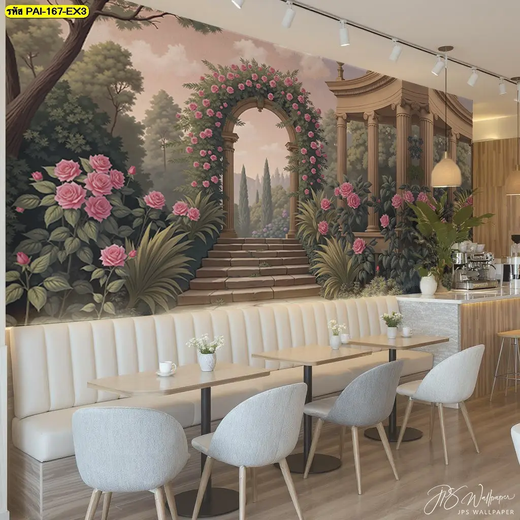 วอลเปเปอร์ติดผนังลายสวนดอกไม้ยุโรปช่วยให้คาเฟ่เต็มไปด้วยเรื่องราว