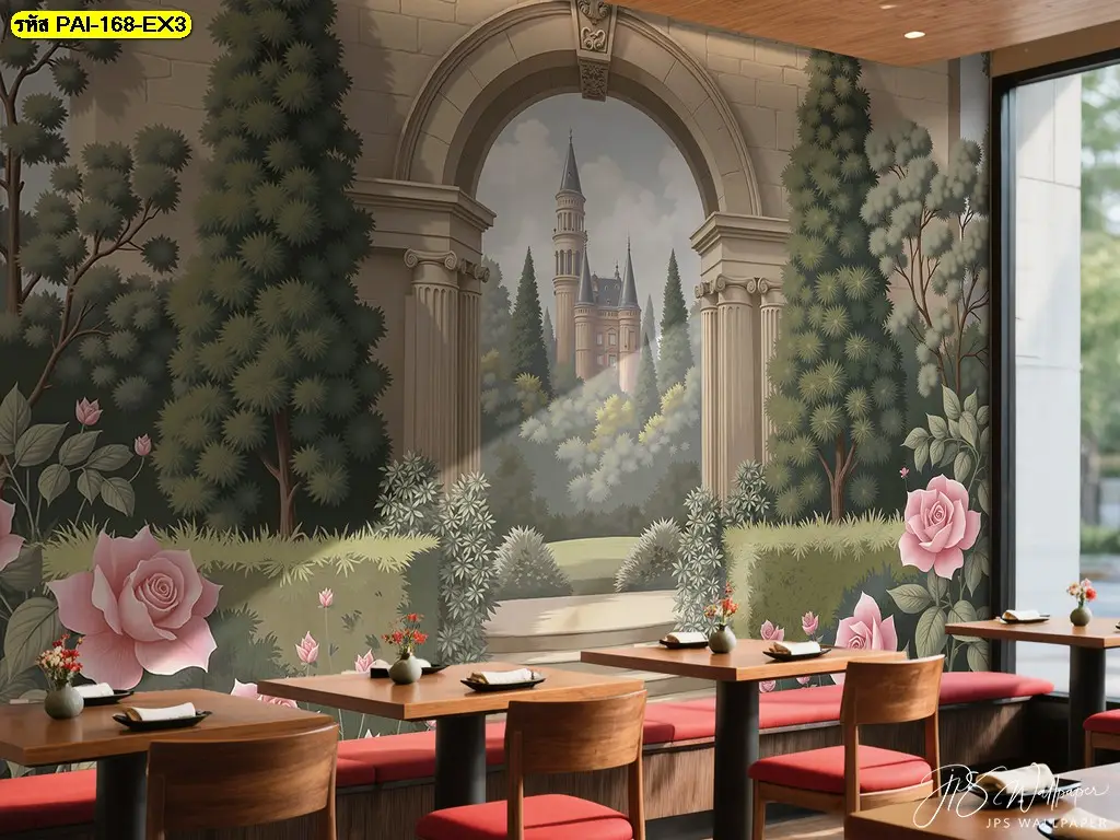 ภาพพิมพ์ติดผนังลายสวนดอกไม้ยุโรปช่วยให้ร้านเต็มไปด้วยความอบอุ่น